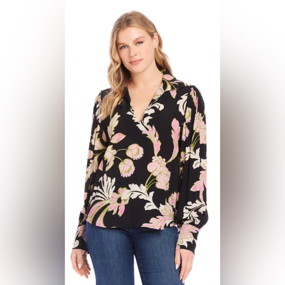 NWT Karen Kane blouson long sleeve black and pink floral print V neck top medium